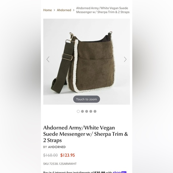 Ahdorned Army/White Vegan
Suede Messenger w/ Sherpa Trim &
2 Straps
BY ADORNED - Picture 4 of 4